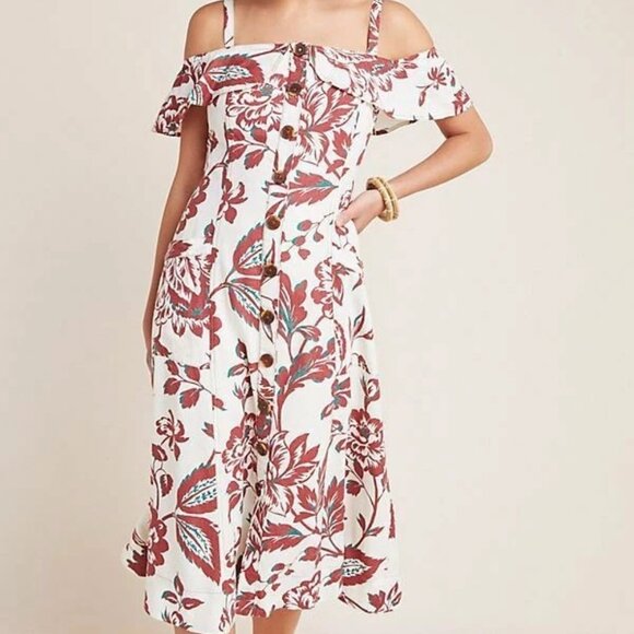 Anthropologie Women's White and Red Oahu Floral Off Shoulder Midi Dress -Size 14 - Picture 1 of 6